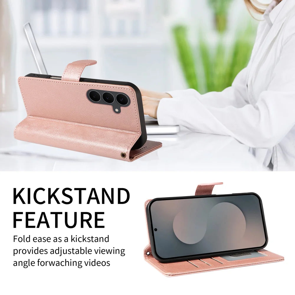 For Samsung Galaxy S25 FE Case with Wrist Strap RFID Blocking Wallet Cowhide Texture Leather Phone Cover - Rose Gold - 2