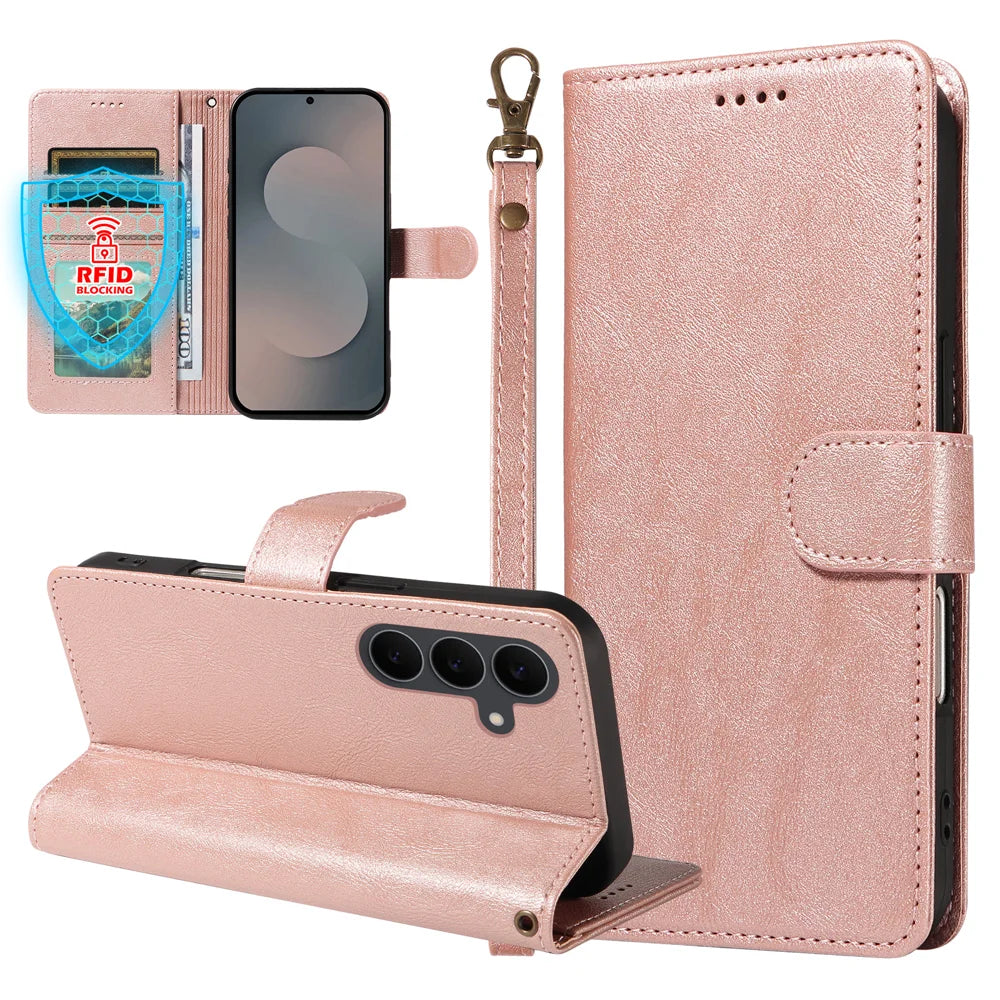 For Samsung Galaxy S25 FE Case with Wrist Strap RFID Blocking Wallet Cowhide Texture Leather Phone Cover - Rose Gold - 3