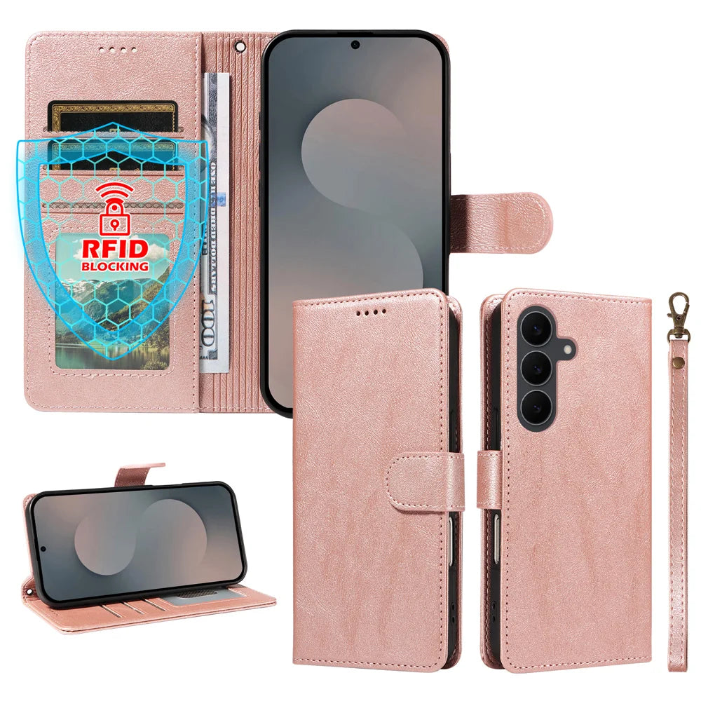 For Samsung Galaxy S25 FE Case with Wrist Strap RFID Blocking Wallet Cowhide Texture Leather Phone Cover - Rose Gold - 4
