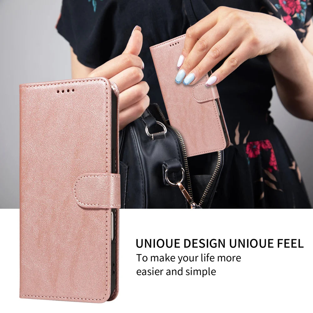 For Samsung Galaxy S25 FE Case with Wrist Strap RFID Blocking Wallet Cowhide Texture Leather Phone Cover - Rose Gold - 6