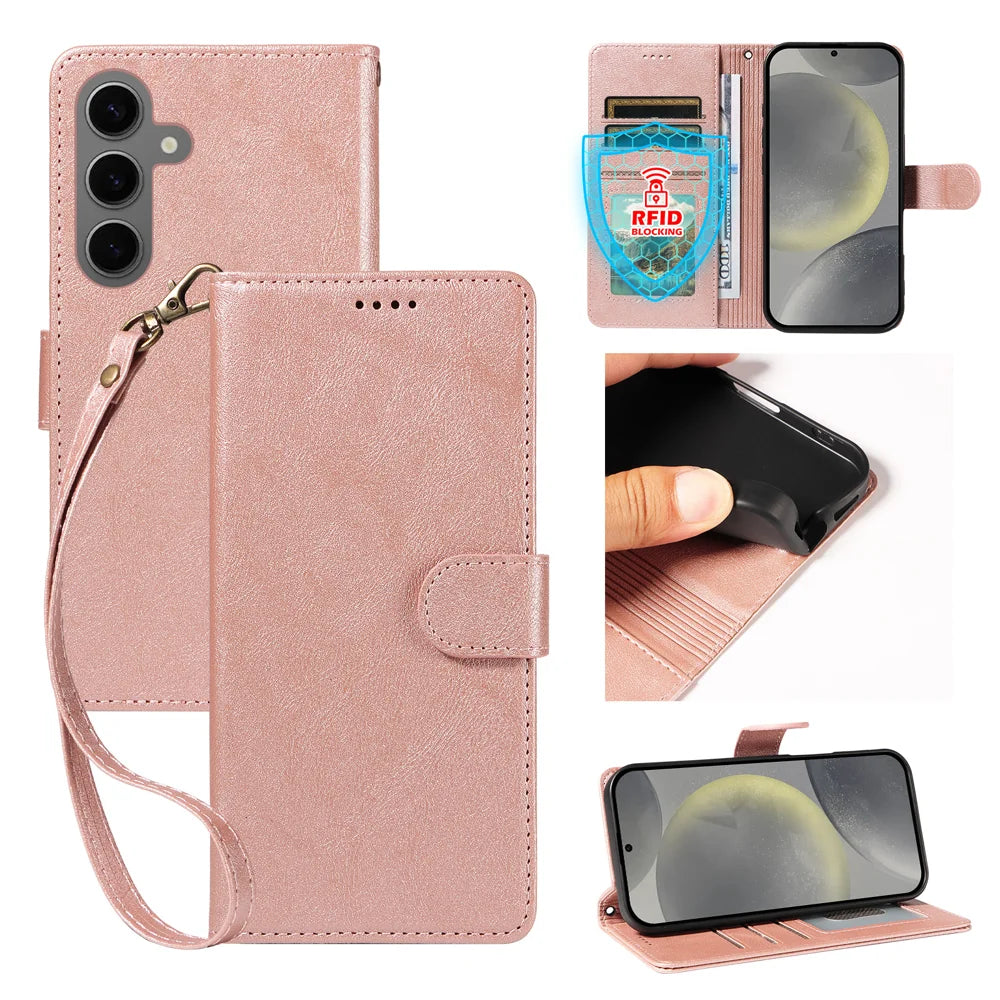 For Samsung Galaxy S24 / Galaxy S25 Case with Wrist Strap RFID Blocking Wallet Cowhide Texture Leather Phone Cover - Rose Gold - 1