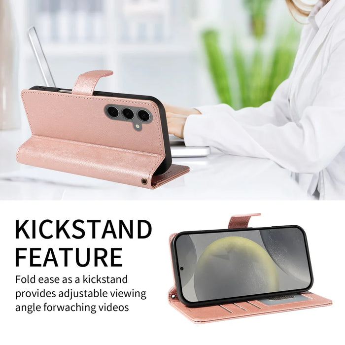 For Samsung Galaxy S24 / Galaxy S25 Case with Wrist Strap RFID Blocking Wallet Cowhide Texture Leather Phone Cover - Rose Gold - 2