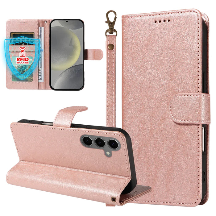 For Samsung Galaxy S24 / Galaxy S25 Case with Wrist Strap RFID Blocking Wallet Cowhide Texture Leather Phone Cover - Rose Gold - 3