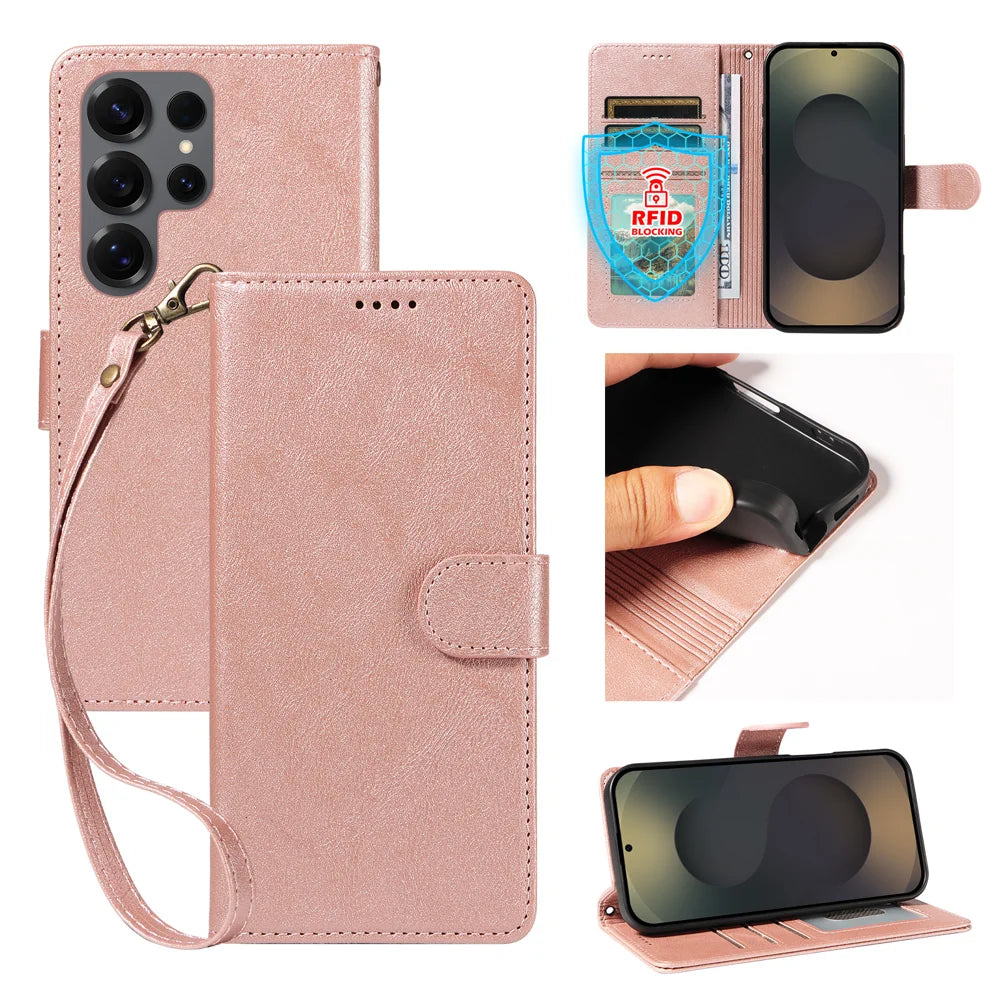 For Samsung Galaxy S25 Ultra Case with Wrist Strap RFID Blocking Wallet Cowhide Texture Leather Phone Cover - Rose Gold - 1