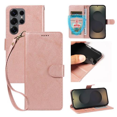 For Samsung Galaxy S25 Ultra Case with Wrist Strap RFID Blocking Wallet Cowhide Texture Leather Phone Cover - Rose Gold - 1