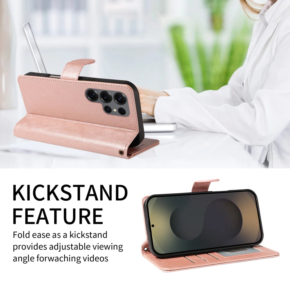 For Samsung Galaxy S25 Ultra Case with Wrist Strap RFID Blocking Wallet Cowhide Texture Leather Phone Cover - Rose Gold - 2