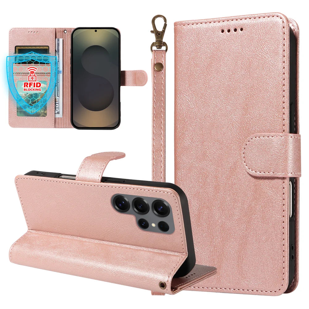For Samsung Galaxy S25 Ultra Case with Wrist Strap RFID Blocking Wallet Cowhide Texture Leather Phone Cover - Rose Gold - 3