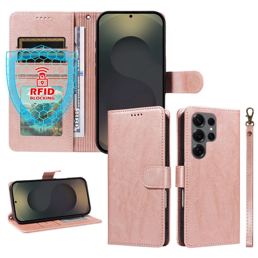 For Samsung Galaxy S25 Ultra Case with Wrist Strap RFID Blocking Wallet Cowhide Texture Leather Phone Cover - Rose Gold - 4