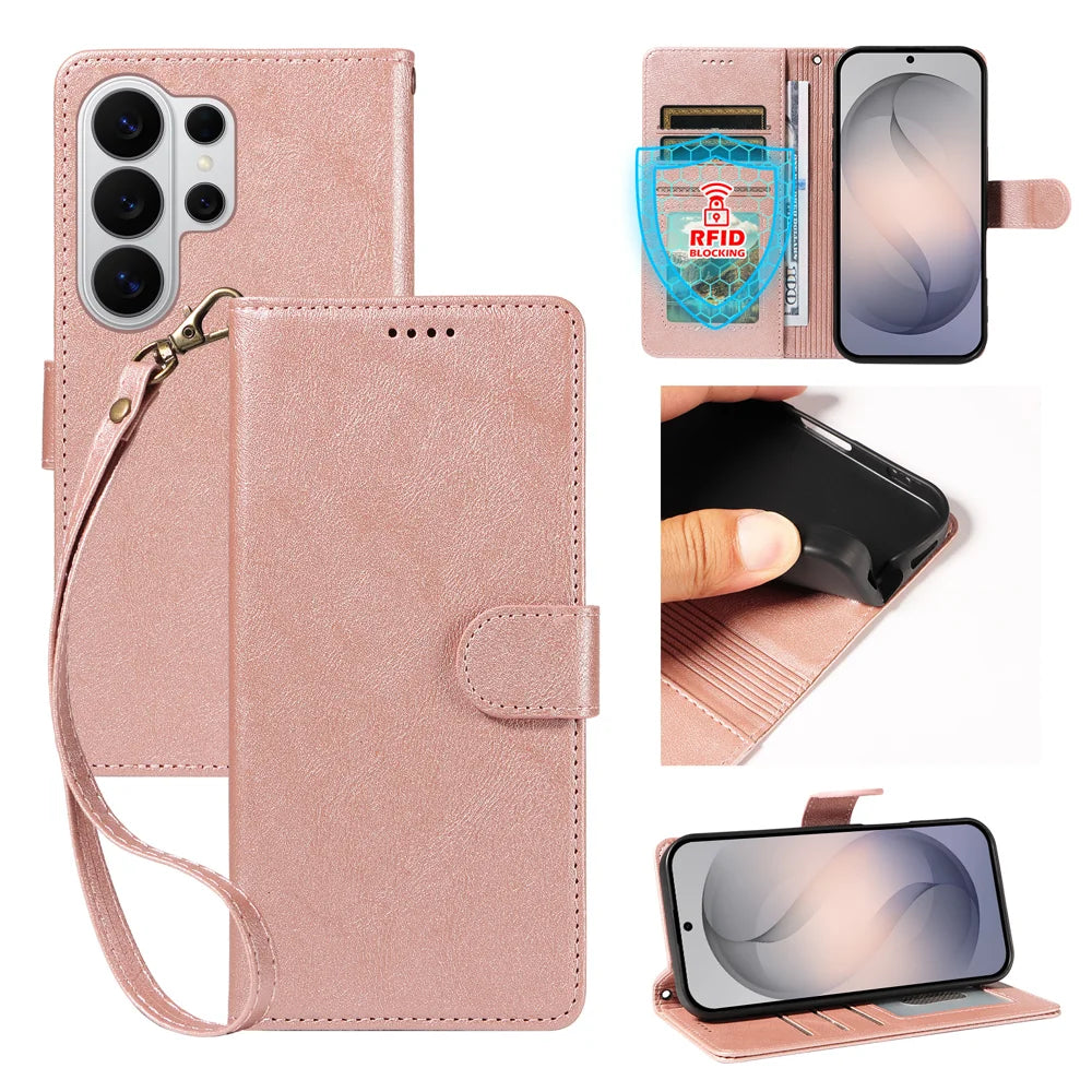 For Samsung Galaxy S26 Ultra Case with Wrist Strap RFID Blocking Wallet Cowhide Texture Leather Phone Cover - Rose Gold - 1