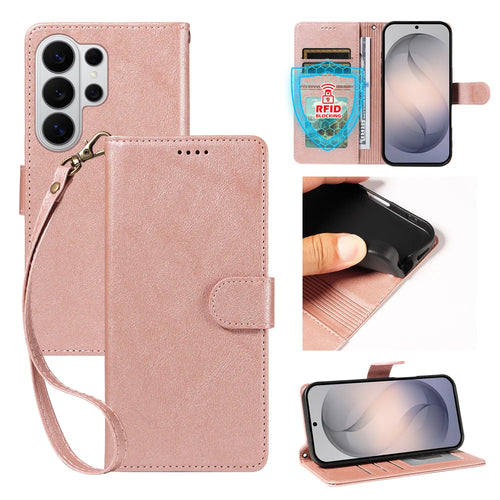 For Samsung Galaxy S26 Ultra Case with Wrist Strap RFID Blocking Wallet Cowhide Texture Leather Phone Cover - Rose Gold - 1