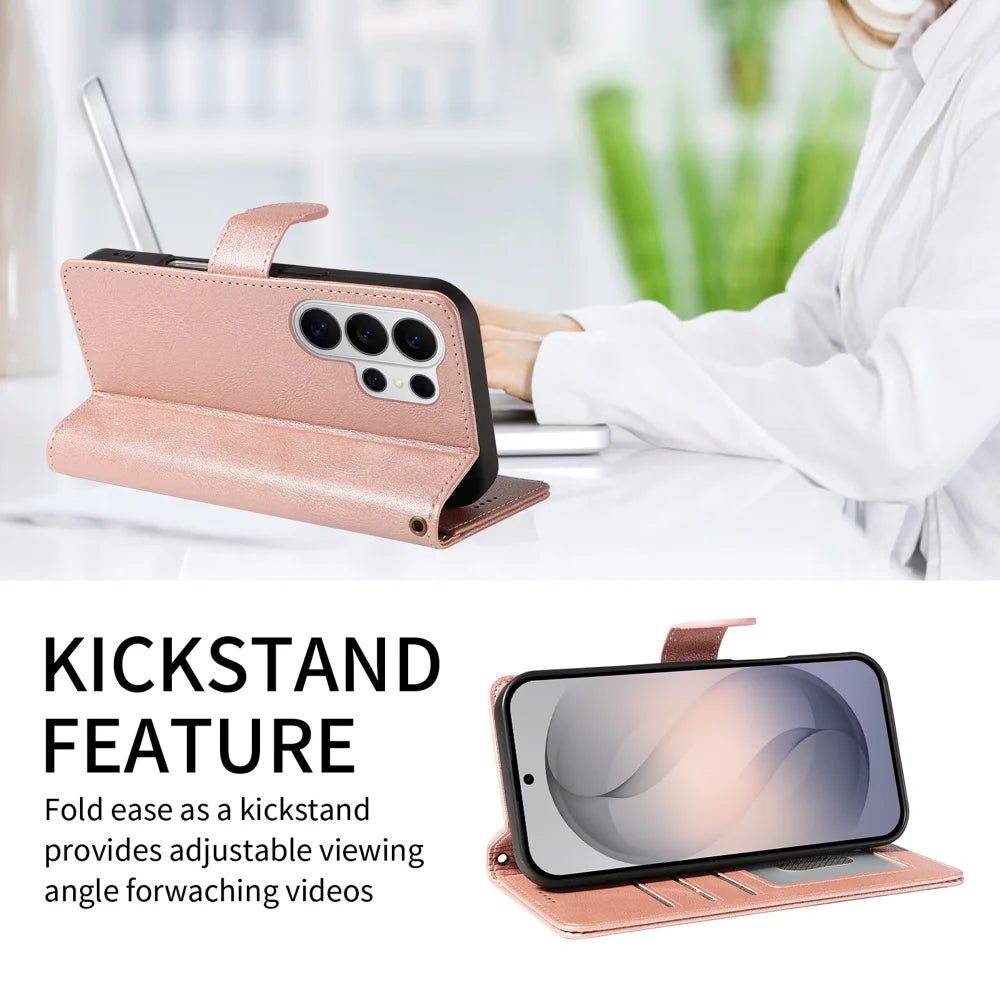 For Samsung Galaxy S26 Ultra Case with Wrist Strap RFID Blocking Wallet Cowhide Texture Leather Phone Cover - Rose Gold - 2