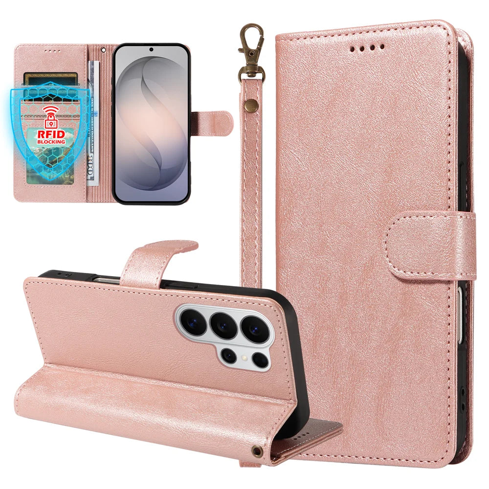 For Samsung Galaxy S26 Ultra Case with Wrist Strap RFID Blocking Wallet Cowhide Texture Leather Phone Cover - Rose Gold - 3