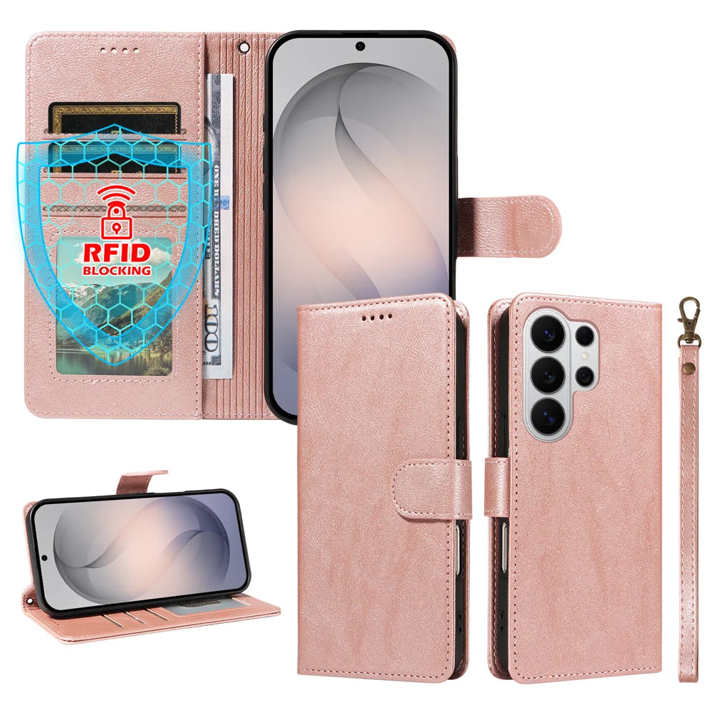 For Samsung Galaxy S26 Ultra Case with Wrist Strap RFID Blocking Wallet Cowhide Texture Leather Phone Cover - Rose Gold - 4