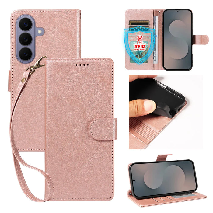 For Samsung Galaxy S26 Case with Wrist Strap RFID Blocking Wallet Cowhide Texture Leather Phone Cover - Rose Gold - 1