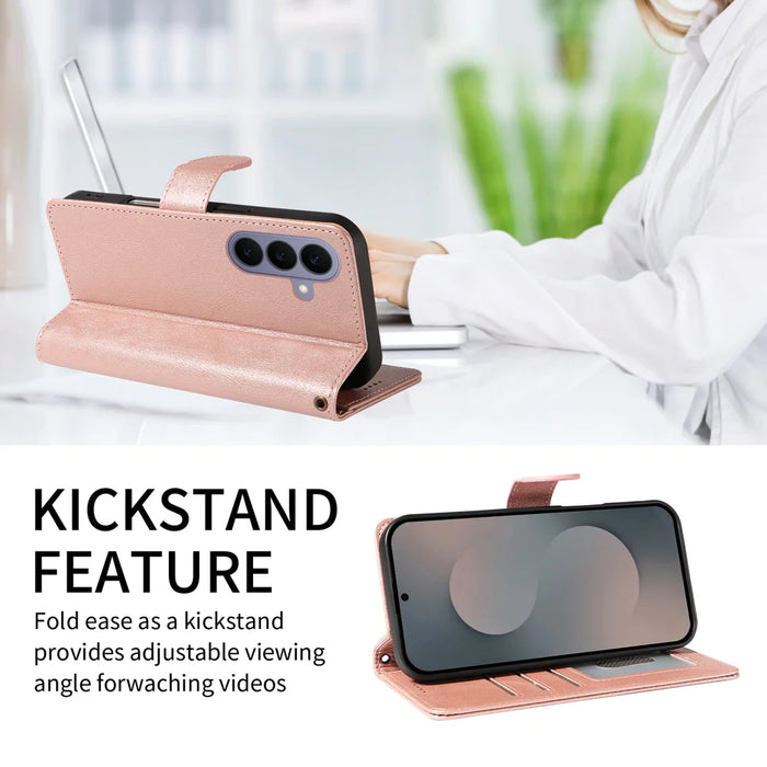 For Samsung Galaxy S26 Case with Wrist Strap RFID Blocking Wallet Cowhide Texture Leather Phone Cover - Rose Gold - 2