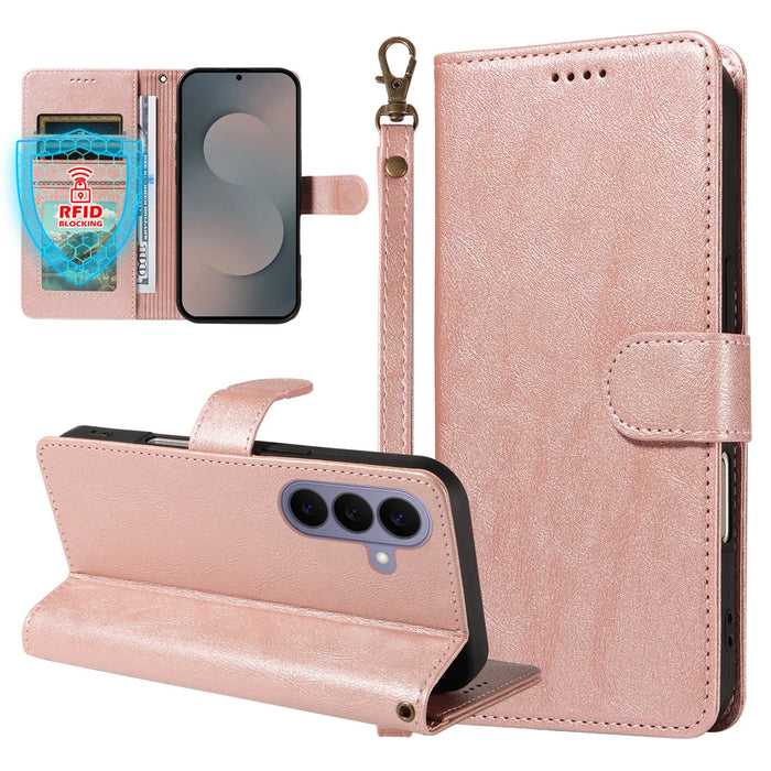 For Samsung Galaxy S26 Case with Wrist Strap RFID Blocking Wallet Cowhide Texture Leather Phone Cover - Rose Gold - 3