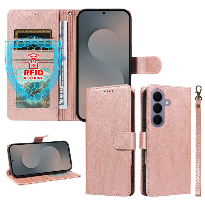 For Samsung Galaxy S26 Case with Wrist Strap RFID Blocking Wallet Cowhide Texture Leather Phone Cover - Rose Gold - 4