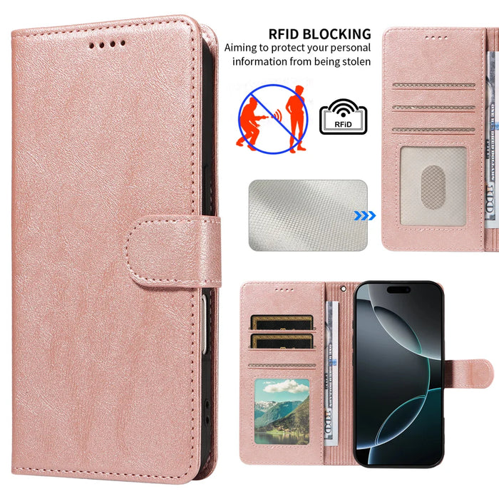 For Samsung Galaxy S26 Case with Wrist Strap RFID Blocking Wallet Cowhide Texture Leather Phone Cover - Rose Gold - 5