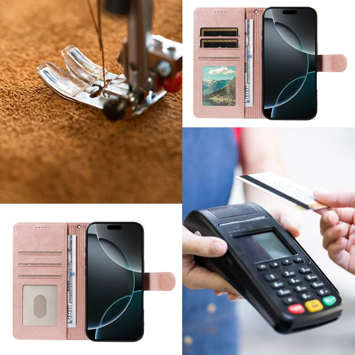 For Samsung Galaxy S26 Case with Wrist Strap RFID Blocking Wallet Cowhide Texture Leather Phone Cover - Rose Gold - 7