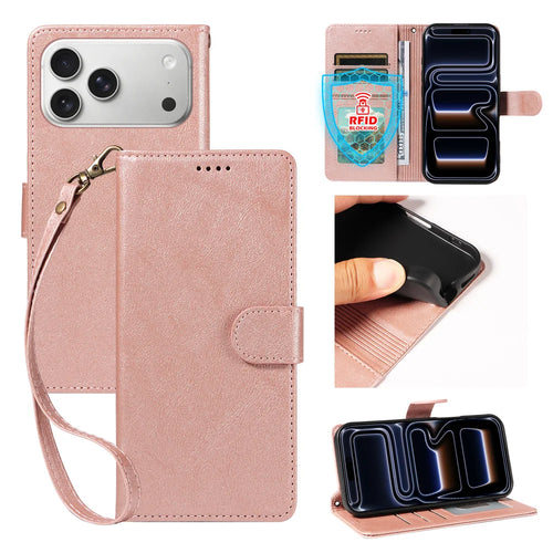 For iPhone 18 Pro Max / iPhone 17 Pro Max Case with Wrist Strap RFID Blocking Wallet Cowhide Texture Leather Phone Cover - Rose Gold - 1