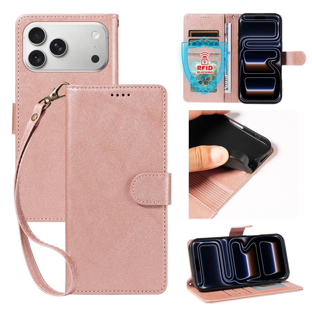 For iPhone 18 Pro Max / iPhone 17 Pro Max Case with Wrist Strap RFID Blocking Wallet Cowhide Texture Leather Phone Cover - Rose Gold - 1