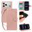 For iPhone 18 Pro Max / iPhone 17 Pro Max Case with Wrist Strap RFID Blocking Wallet Cowhide Texture Leather Phone Cover - Rose Gold - 1