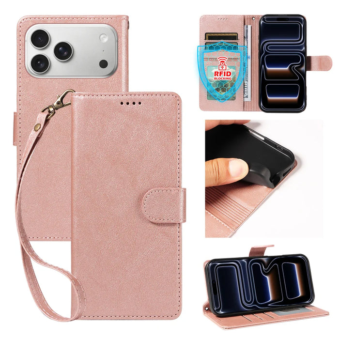 For iPhone 18 Pro Max / iPhone 17 Pro Max Case with Wrist Strap RFID Blocking Wallet Cowhide Texture Leather Phone Cover - Rose Gold - 1