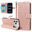 For iPhone 18 Pro Max / iPhone 17 Pro Max Case with Wrist Strap RFID Blocking Wallet Cowhide Texture Leather Phone Cover - Rose Gold - 3