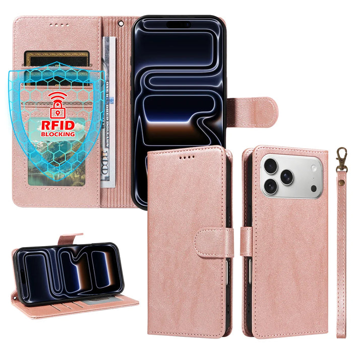 For iPhone 18 Pro Max / iPhone 17 Pro Max Case with Wrist Strap RFID Blocking Wallet Cowhide Texture Leather Phone Cover - Rose Gold - 4