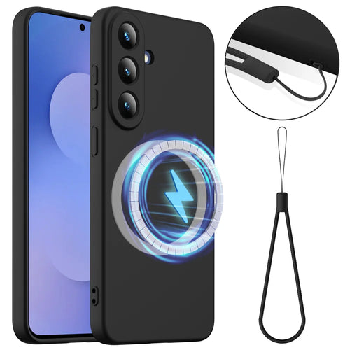 For Samsung Galaxy S26 FE Magnetic Case Anti-Drop Liquid Silicone Phone Cover with Lanyard - Black - 1