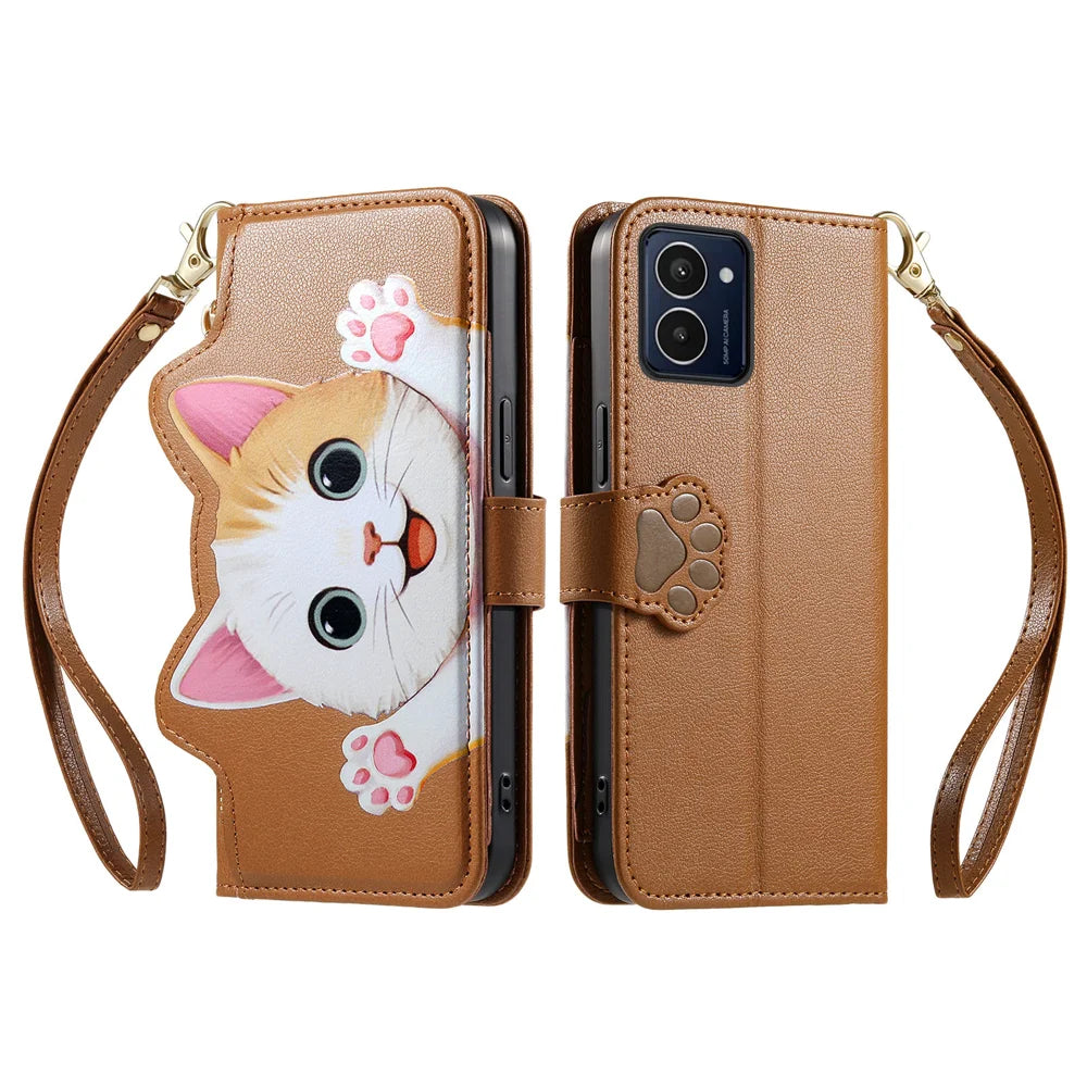 For HMD Pulse Pro Case Cute Cat Pattern PU Leather Wallet Phone Cover with Wrist Strap - Brown - 2