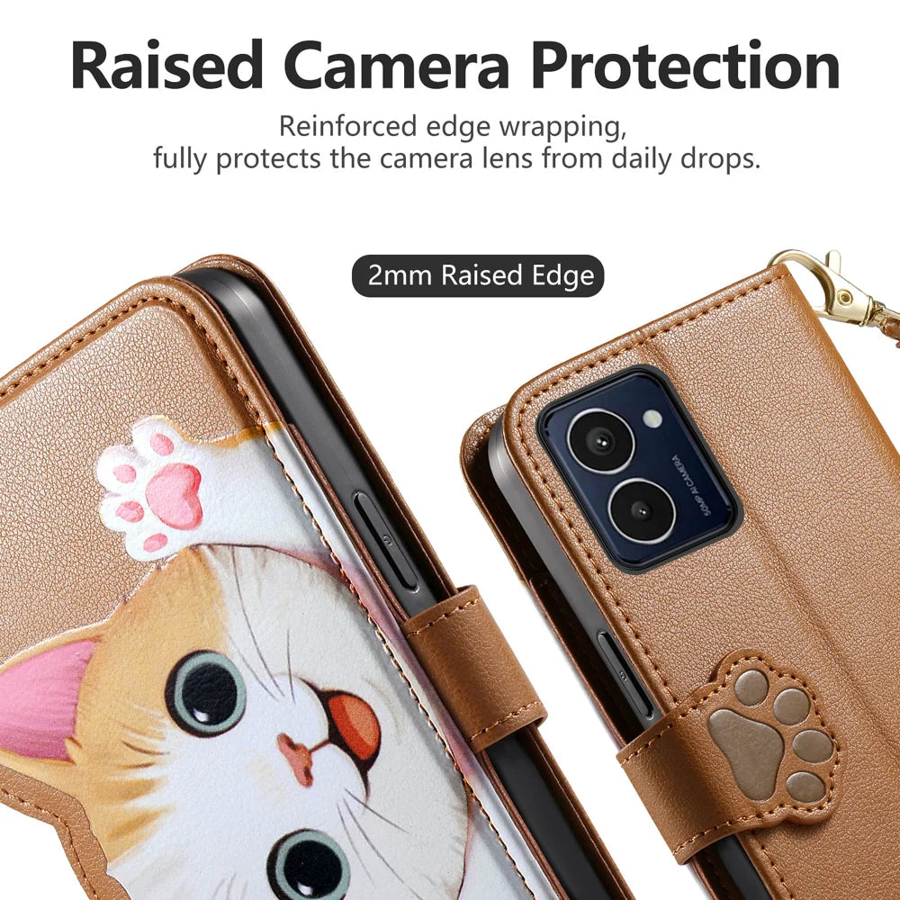 For HMD Pulse Pro Case Cute Cat Pattern PU Leather Wallet Phone Cover with Wrist Strap - Brown - 5