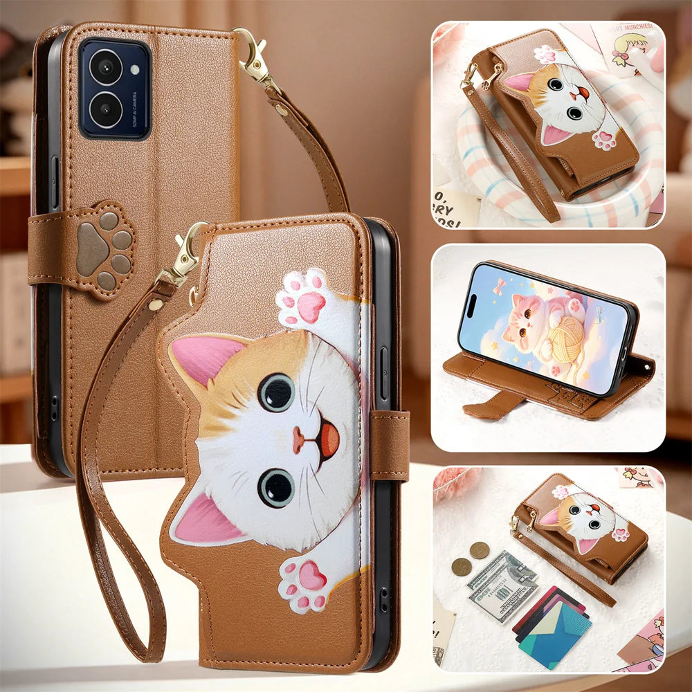 For HMD Pulse Pro Case Cute Cat Pattern PU Leather Wallet Phone Cover with Wrist Strap - Brown - 7