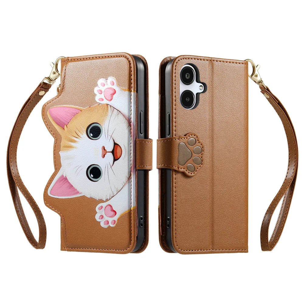 For Samsung Galaxy A08 5G / A08 4G / A07 4G / A06 4G / A06 5G Case Cute Cat Pattern PU Leather Wallet Phone Cover with Wrist Strap - Brown - 2