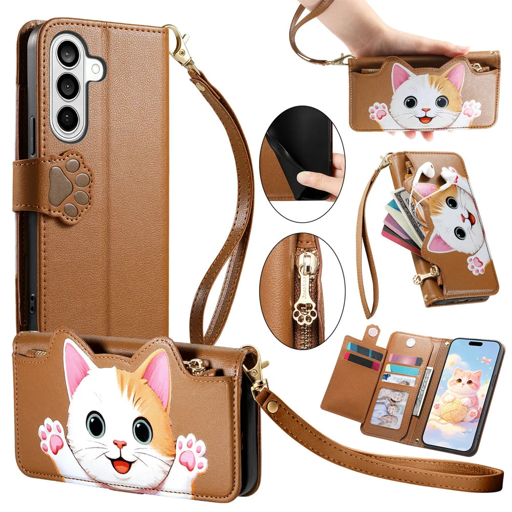For Samsung Galaxy A57 5G Case Cute Cat Pattern PU Leather Wallet Phone Cover with Wrist Strap - Brown - 1