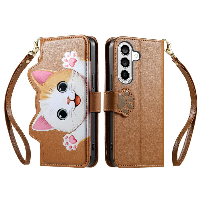 For Samsung Galaxy A57 5G Case Cute Cat Pattern PU Leather Wallet Phone Cover with Wrist Strap - Brown - 2