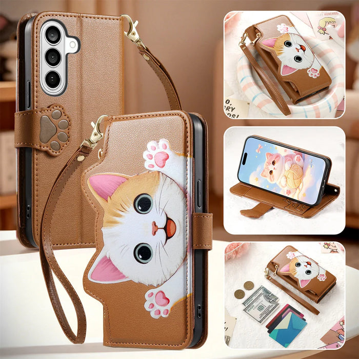 For Samsung Galaxy A57 5G Case Cute Cat Pattern PU Leather Wallet Phone Cover with Wrist Strap - Brown - 7