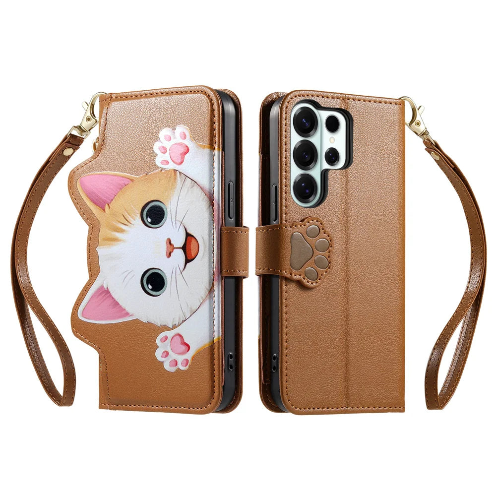 For Samsung Galaxy S26 Ultra Case Cute Cat Pattern PU Leather Wallet Phone Cover with Wrist Strap - Brown - 2