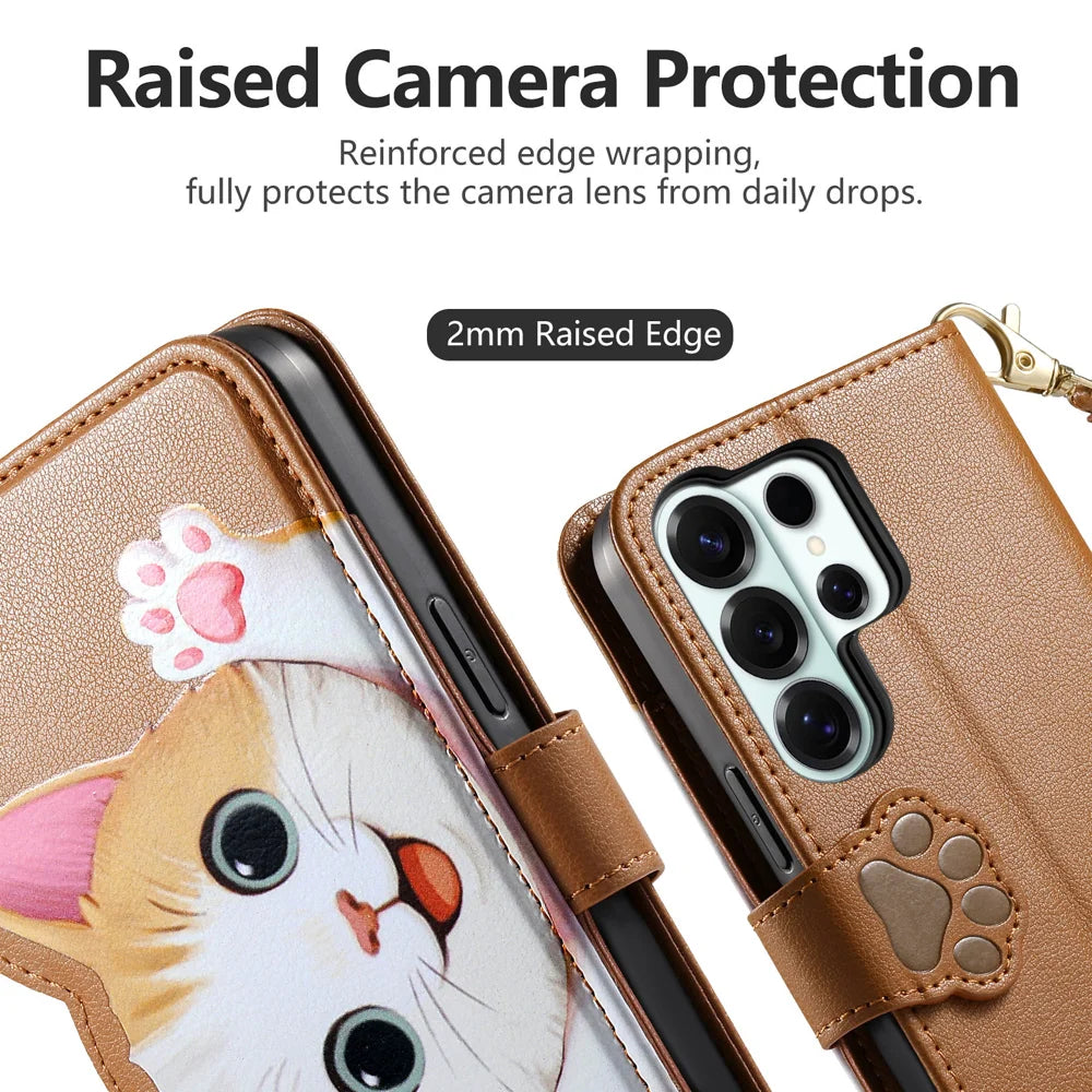 For Samsung Galaxy S26 Ultra Case Cute Cat Pattern PU Leather Wallet Phone Cover with Wrist Strap - Brown - 5