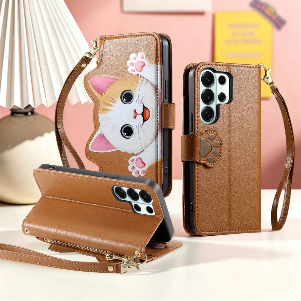 For Samsung Galaxy S26 Ultra Case Cute Cat Pattern PU Leather Wallet Phone Cover with Wrist Strap - Brown - 6