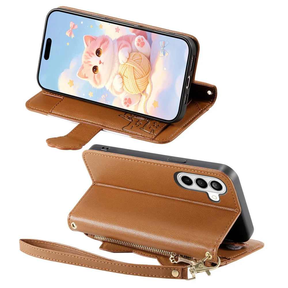 For Samsung Galaxy S26 FE Case Cute Cat Pattern PU Leather Wallet Phone Cover with Wrist Strap - Brown - 3