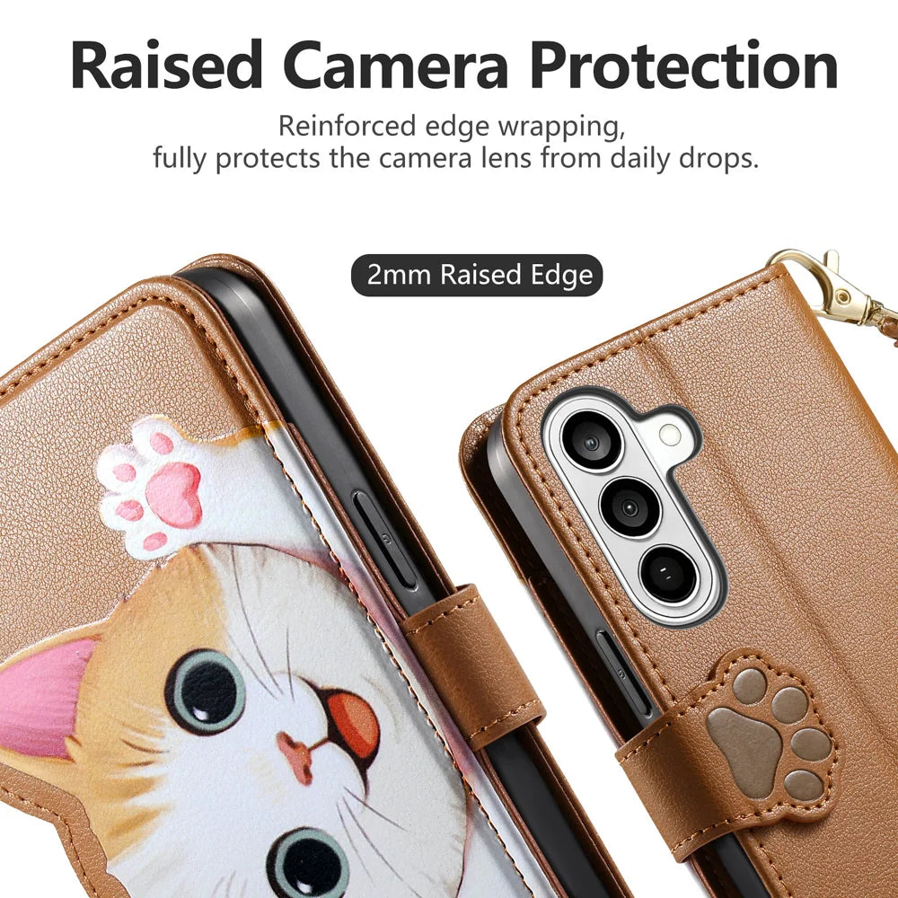 For Samsung Galaxy S26 FE Case Cute Cat Pattern PU Leather Wallet Phone Cover with Wrist Strap - Brown - 5