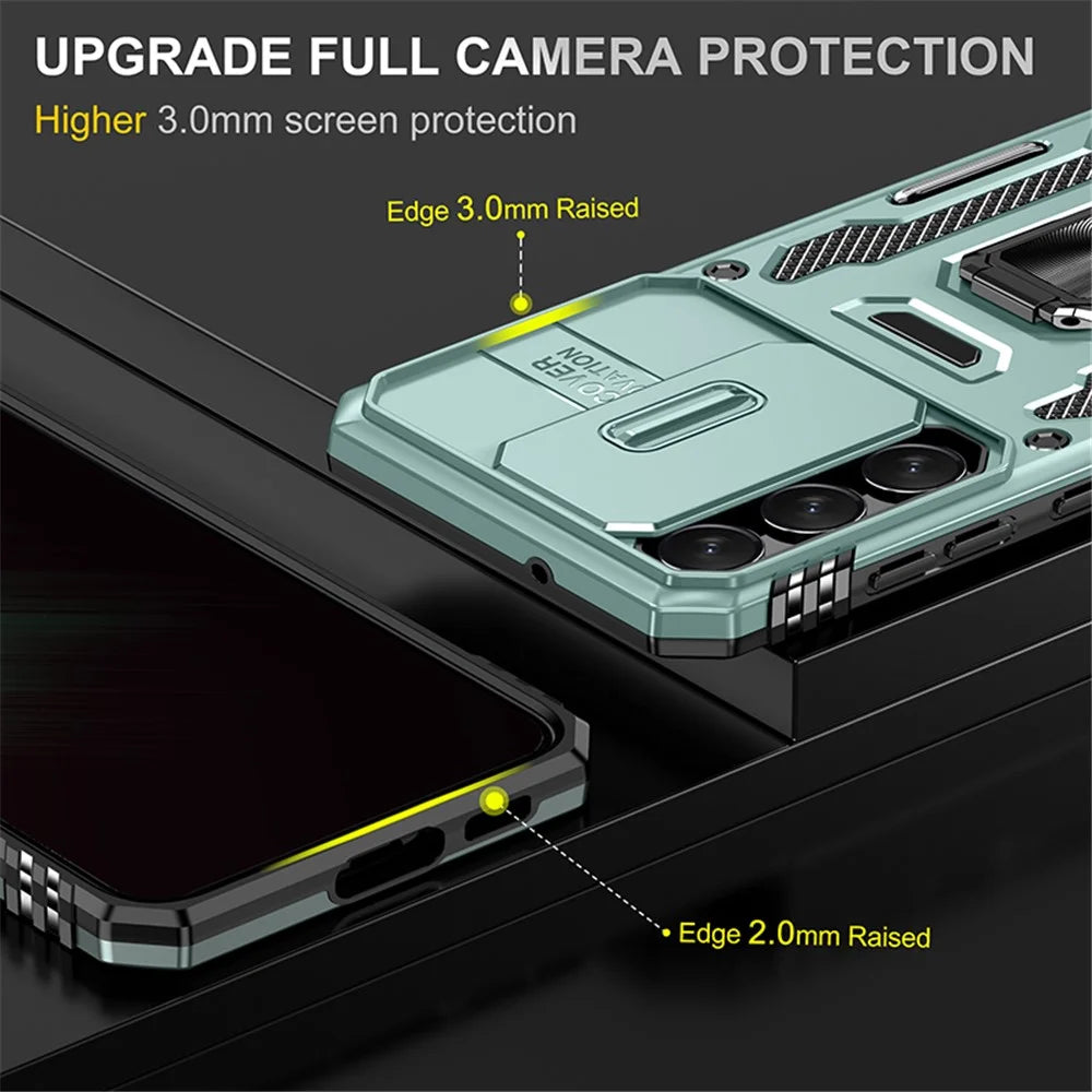 Armor Series for Samsung Galaxy S23 Kickstand Shock-absorbing PC + TPU Hybrid Cover Protective Phone Case with Slide Camera Protector - Green - 3