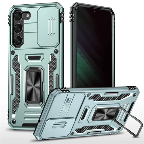 Armor Series for Samsung Galaxy S23+ Kickstand Impact Resistant PC + TPU Hybrid Cover Protective Phone Case with Slide Camera Protector - Green - 1