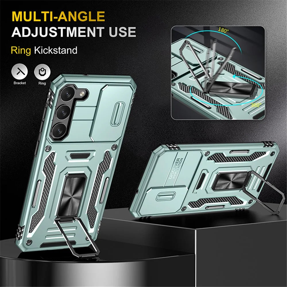 Armor Series for Samsung Galaxy S23+ Kickstand Impact Resistant PC + TPU Hybrid Cover Protective Phone Case with Slide Camera Protector - Green - 4