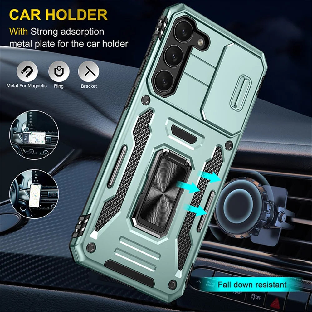 Armor Series for Samsung Galaxy S23+ Kickstand Impact Resistant PC + TPU Hybrid Cover Protective Phone Case with Slide Camera Protector - Green - 6