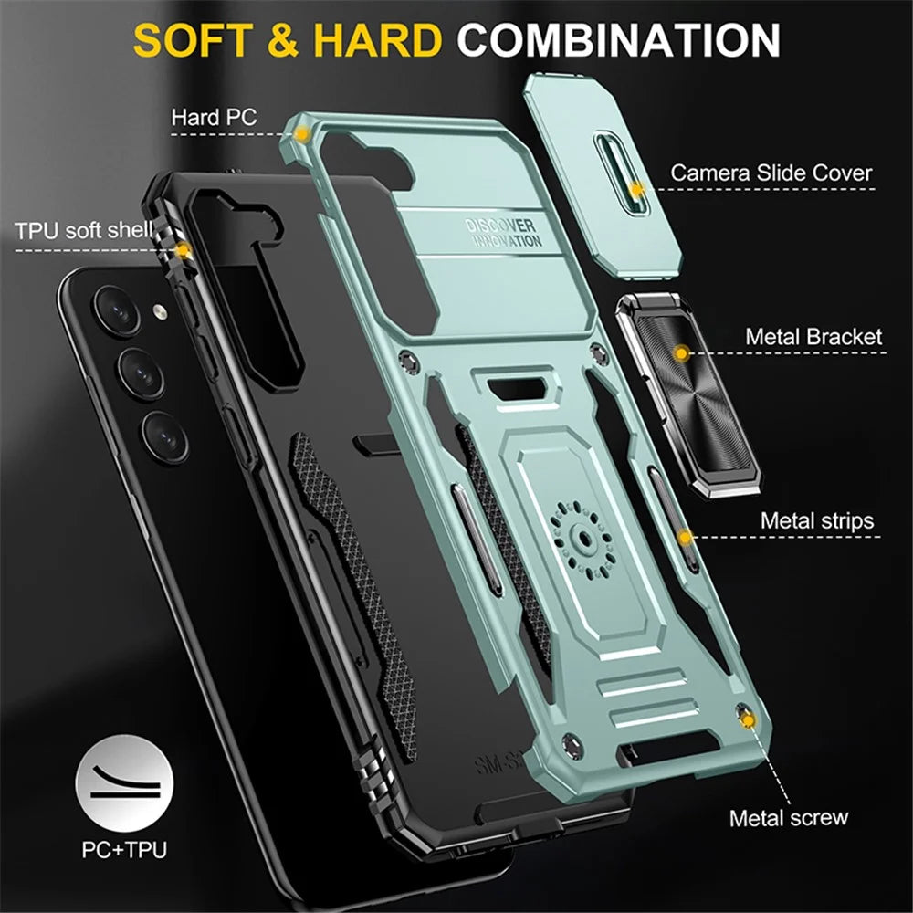 Armor Series for Samsung Galaxy S23+ Kickstand Impact Resistant PC + TPU Hybrid Cover Protective Phone Case with Slide Camera Protector - Green - 7