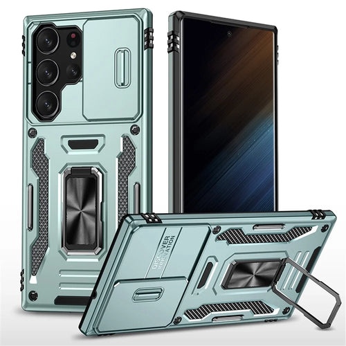 Armor Series for Samsung Galaxy S23 Ultra Protective Phone Case, Kickstand PC + TPU Hybrid Cover with Slide Camera Protector - Green - 1