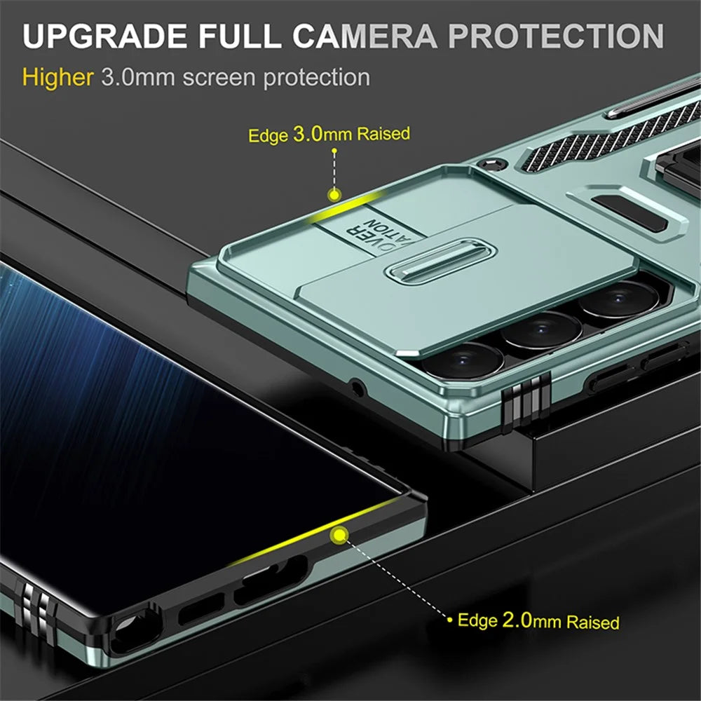 Armor Series for Samsung Galaxy S23 Ultra Protective Phone Case, Kickstand PC + TPU Hybrid Cover with Slide Camera Protector - Green - 3
