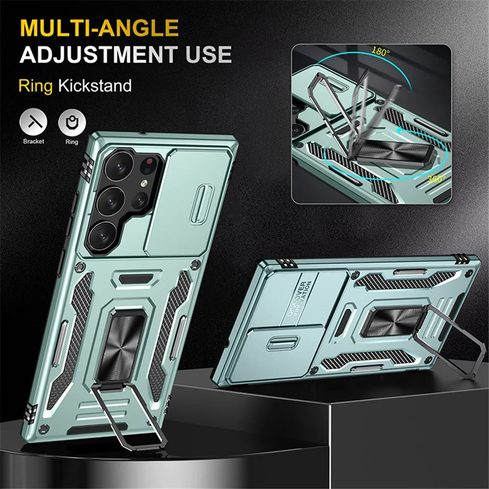 Armor Series for Samsung Galaxy S23 Ultra Protective Phone Case, Kickstand PC + TPU Hybrid Cover with Slide Camera Protector - Green - 4
